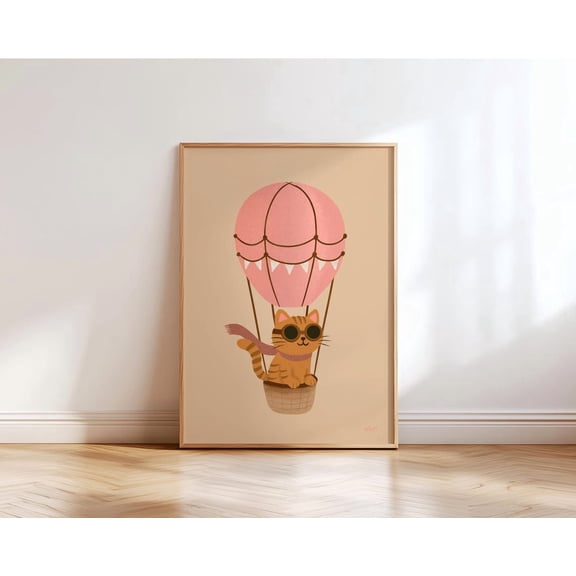 Charming Cat Hot Air Balloon Print Nursery Art Kitten Adventure Unframed Paper Print