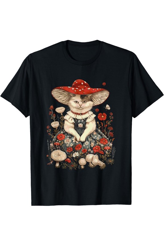 Charming Cat In Mushroom Hat With Flowers T-Shirt , Vintage T-Shirt