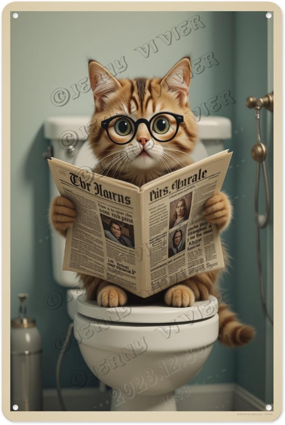 Charming Cat Reading Newspaper on the Toilet Tin Sign 12 x 16 Inches ...