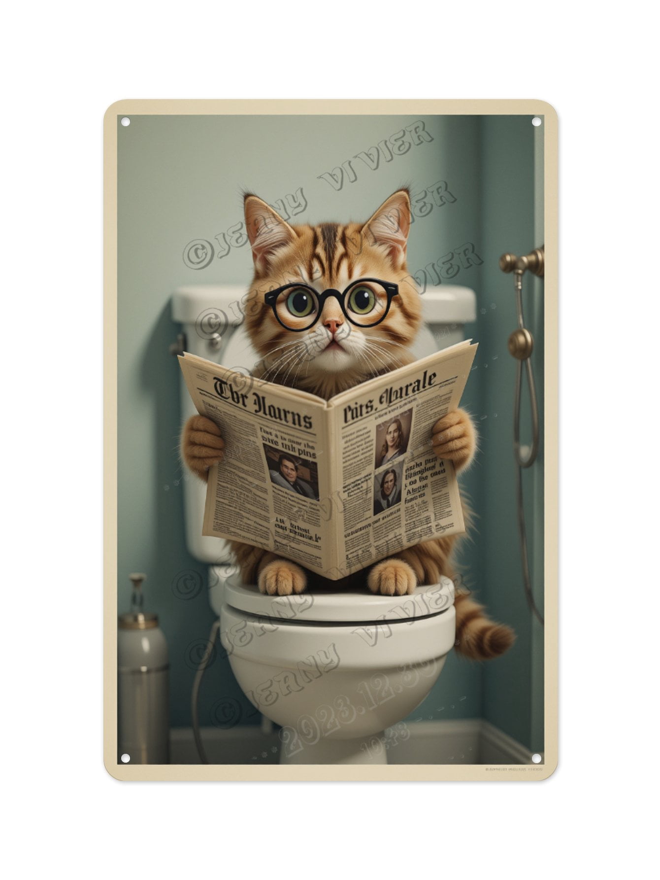 Charming Cat Reading Newspaper on the Toilet Tin Sign 8 x 12 Inches ...