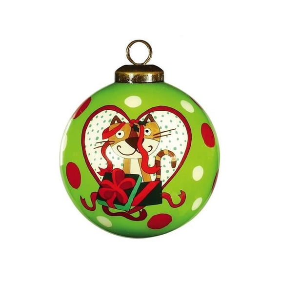 Charming Cat in A Heart Hand Painted Mouth Blown Glass Ornament, Multi Color