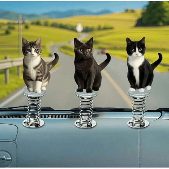 Charming Cats Car Ornaments, Dashboard Bobblehead Cat Decorations, Spring-Mounted Acrylic Kitty Figurines for Car Interior, Cute Cat Gifts for Cat Lovers, 3-Pack