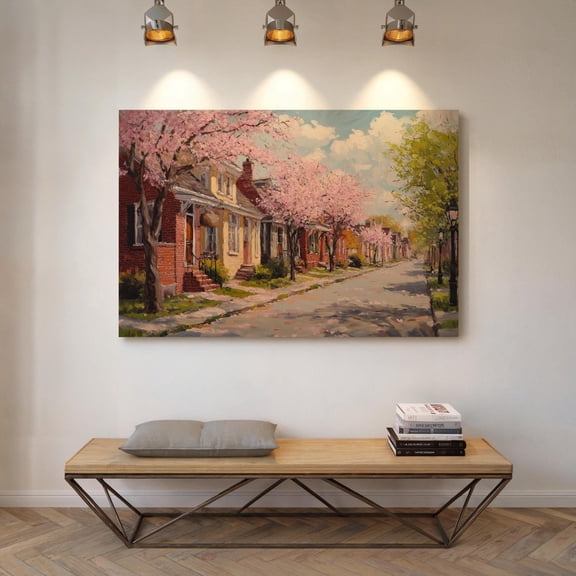 Charming Cherry Blossom Street Art - Springtime Neighborhood Scene With Blooming Trees And Brick Homes Wall Decor Wall Art, Modern Wall Decor, 8x12 UNFRAMED