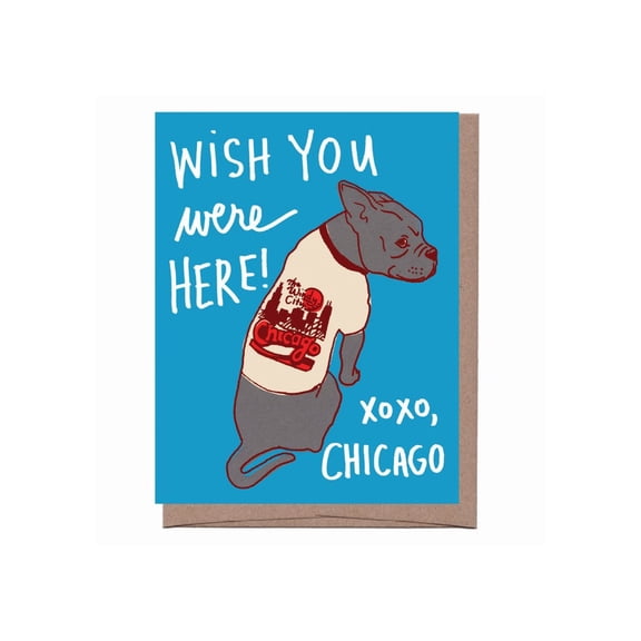 Charming Chicago Postcard - Wish You Were Here! Greeting Card Featuring a Cute Dog Design