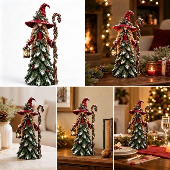 Charming Christmas Witch Figurine, 6.7 in Green Hat and Pine Robe With Lantern and Staff, Standing Decor For Fireplace Mantel - Green Witch Hat