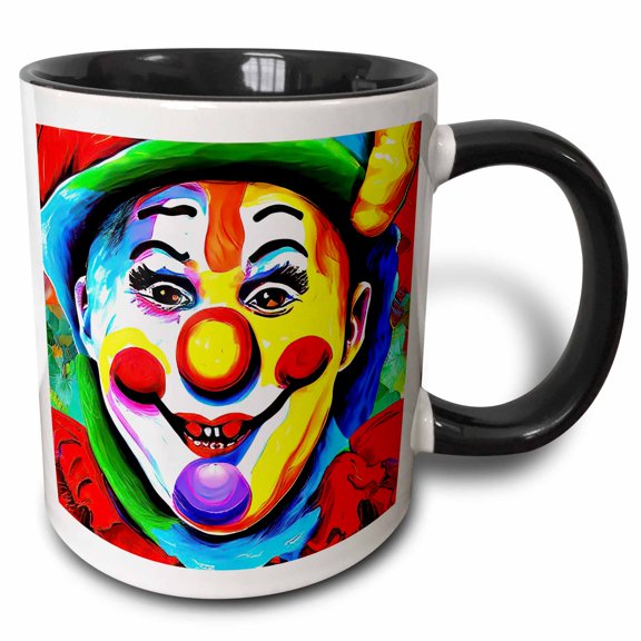 3drose, Charming Clown with Face Painted in Red, Yellow, Blue, Purple Colors, 11oz Two-tone Black Mug