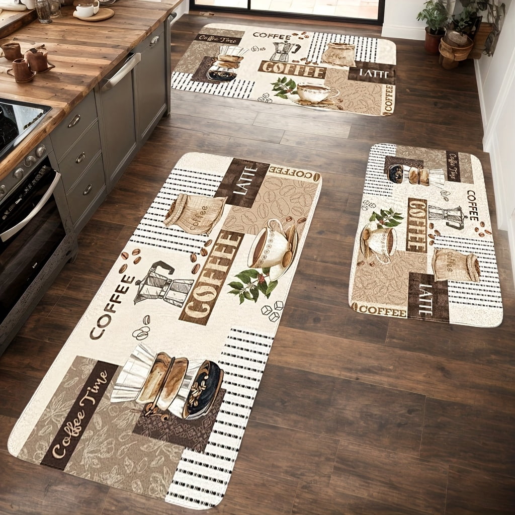 Charming Coffee Kitchen Mat Set | Coffee Cup, Beans & Steam Design ...