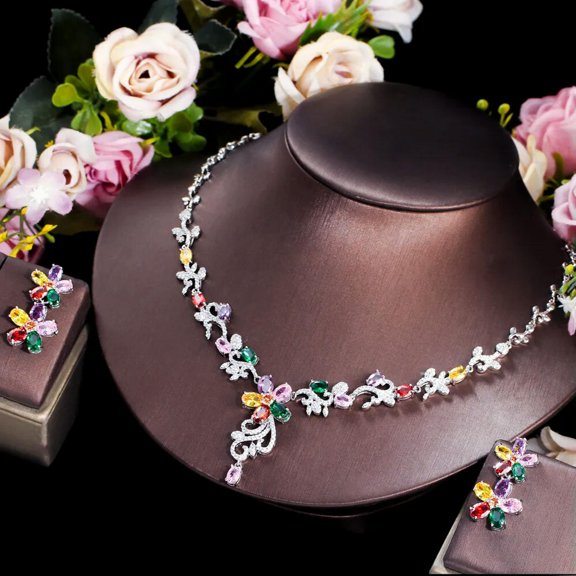Charming Colorful CZ Leaf Flower Bridal Wedding Necklace Earrings Set Jewelry