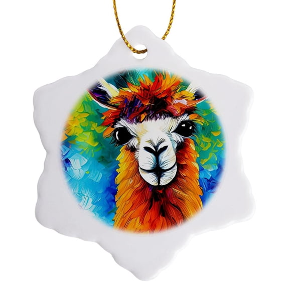 3drose, Charming Colorful Llama Animal Portrait Digital Art Gift for Anyone, 3 inch Snowflake Porcelain Ornament