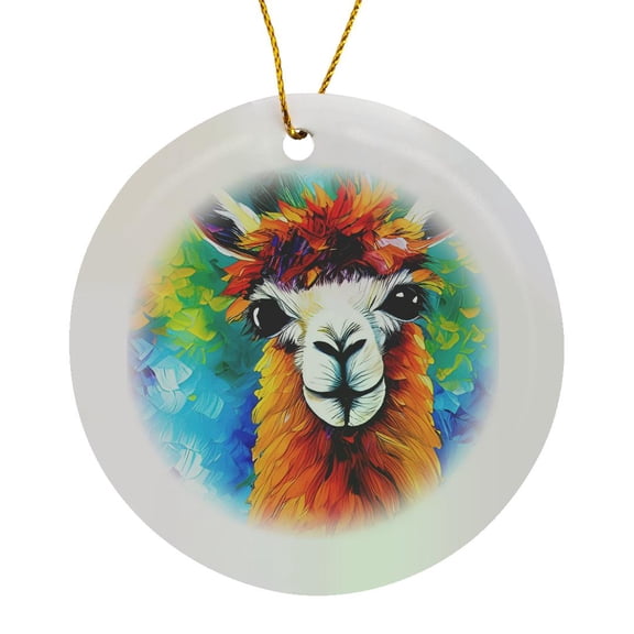 3drose, Charming Colorful Llama Animal Portrait Digital Art Gift for Anyone, Circle Porcelain Ornament
