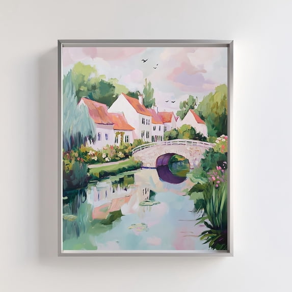 Charming Cottage Artwork, French Countryside Scene, Pastel Landscape Print With Bridge And Water Reflection, Rustic Village Wall Art Wall Art, Modern Wall Decor, 24x36 UNFRAMED