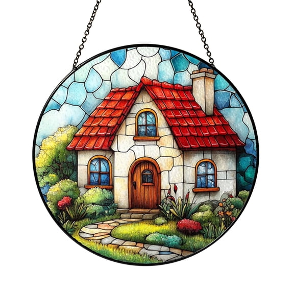 Charming Cottage House Stained Glass Style Suncatcher, Decorative Window Hanging Art, Cozy Home with Garden Inspired Sun Catcher, Colorful Cottage Window Decor for Living Room or Kitchen