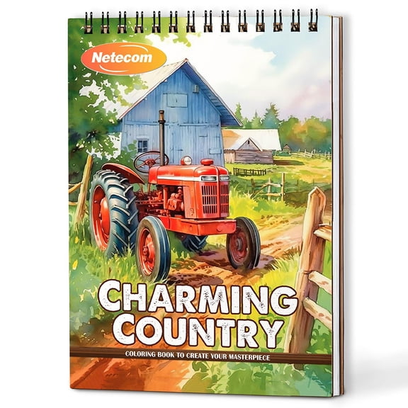 Charming Country Coloring Book Spiral Bound For Adults, A5 Wooden Cover, 30 Peaceful Coloring Pages of Rustic Farm Life for Relaxation and Stress Relief