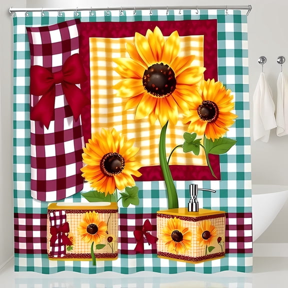 Charming Country Design Shower Curtain with Sunflowers & Pattern - Teal & Burgundy