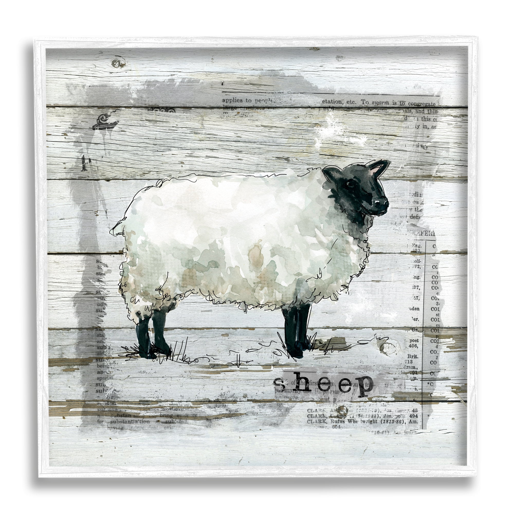 Charming Country Sheep Book Collage Rustic Pattern Animals & Insects Framed Art Print Wall Art, 17x17