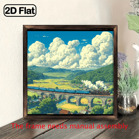 Charming Country Train Scene Mural- 8x8inch Wooden Frame, Inspirational Quote, Suitable for Bedroom, Living Room, Office or Kitchen Decoration, Perfect Gift for Friends and Family, Bedroom Mural