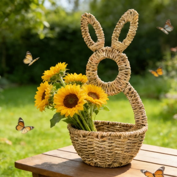 Charming Countryside Bunny Basket - Wicker Hanging Wall Basket, Hand-Woven Easter Front Door Decor