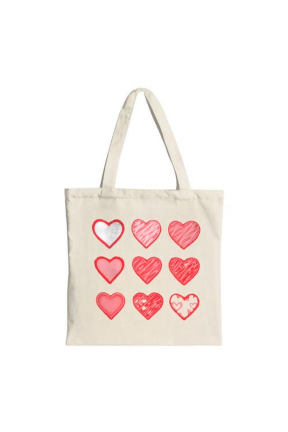 Charming Cream Tote Bag with Heart Design - Red Hearts in Varying Sizes Perfect for Shopping Travel and Parties