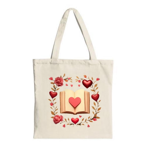 Charming Cream Tote Bag with Open Book & Heart Design Surrounded by Red & Pink Hearts and Roses - Perfect for Shopping & Travel