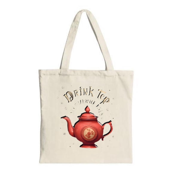 Charming Cream Tote Bag with Red Teapot Design & " I ' ll wait " Text Perfect for Shopping Travel & Parties