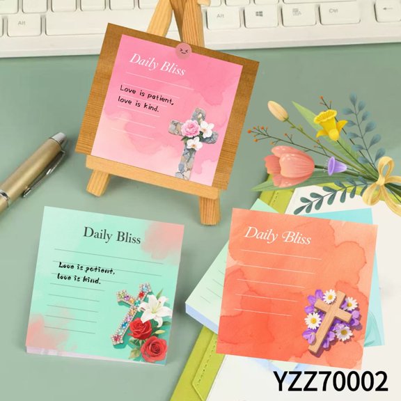 Charming Cross & Flower Notepads 3.54x3.54" Avocado Message Cards - 100 Pcs Sticky Notes + 100 Various Emoticon Stickers, Notepads for Creative Mini Cards for Home Office Decor