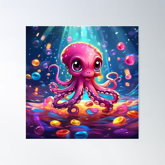 Charming Cute Octopus Illustration Poster Wall Art, Modern Wall Decor For Living Room Bedroom, 17x17 UNFRAMED