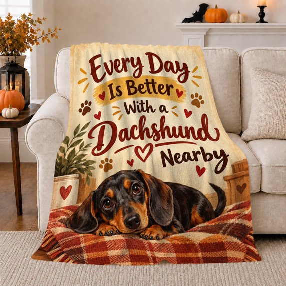 Charming Dachshund, Festive Pet Portrait Pattern, Warm Flannel Blanket for Living Room and Reading Nook with Detailed Artwork, Dog Lovers Christmas Gift, Pet Lover Home Decor