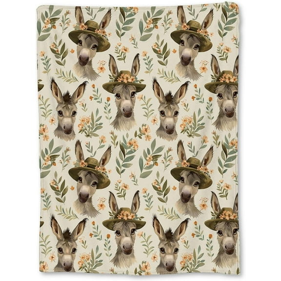 Charming Donkey in Hat & Floral Blanket, Soft Warm Flannel Throw for Couch, Bed, Travel, Living Room & Home Decor, Cozy Lightweight Fuzzy Blankets for Adults Kids Women Boys Girls 60×50 in
