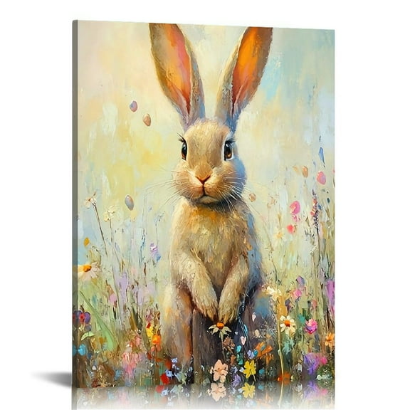 Charming Easter Bunny &  Floral Canvas Wall Art - Pine Wood Framed, Artwork Wall Art Decor for Bedroom, Living Room, Home Office, Bathroom - Thoughtful Gift, Ready to Hang, Bunny Accessories