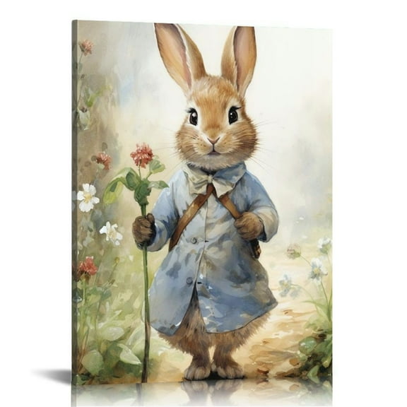 Charming Easter Bunny &  Floral Canvas Wall Art - Pine Wood Framed, Artwork Wall Art Decor for Bedroom, Living Room, Home Office, Bathroom - Thoughtful Gift, Ready to Hang, Bunny Accessories