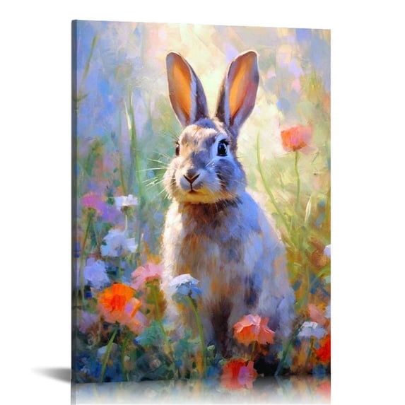 Charming Easter Bunny & Floral Canvas Wall Art - Pine Wood Framed, Artwork Wall Art Decor for Bedroom, Living Room, Home Office, Bathroom - Thoughtful Gift, Ready to Hang, Bunny Accessories