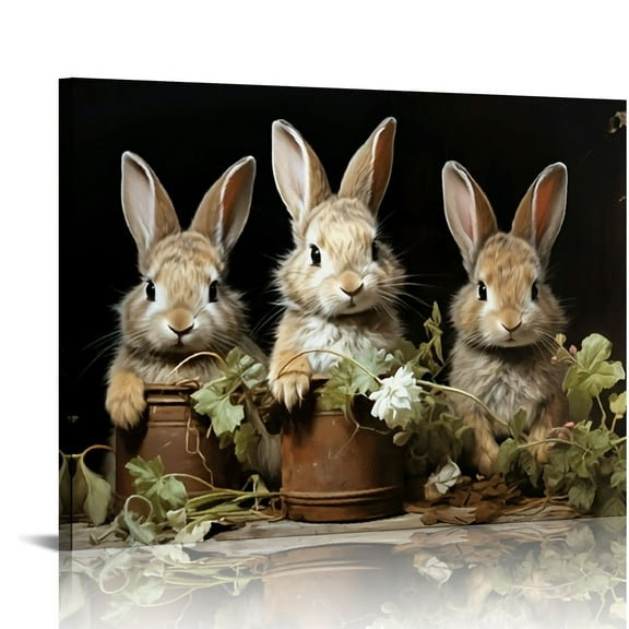 Charming Easter Bunny & Floral Canvas Wall Art - Pine Wood Framed, Bohemian Style Decor for Bedroom, Living Room, Home Office, Bathroom - Thoughtful Gift, Ready to Hang, Bunny Accessories