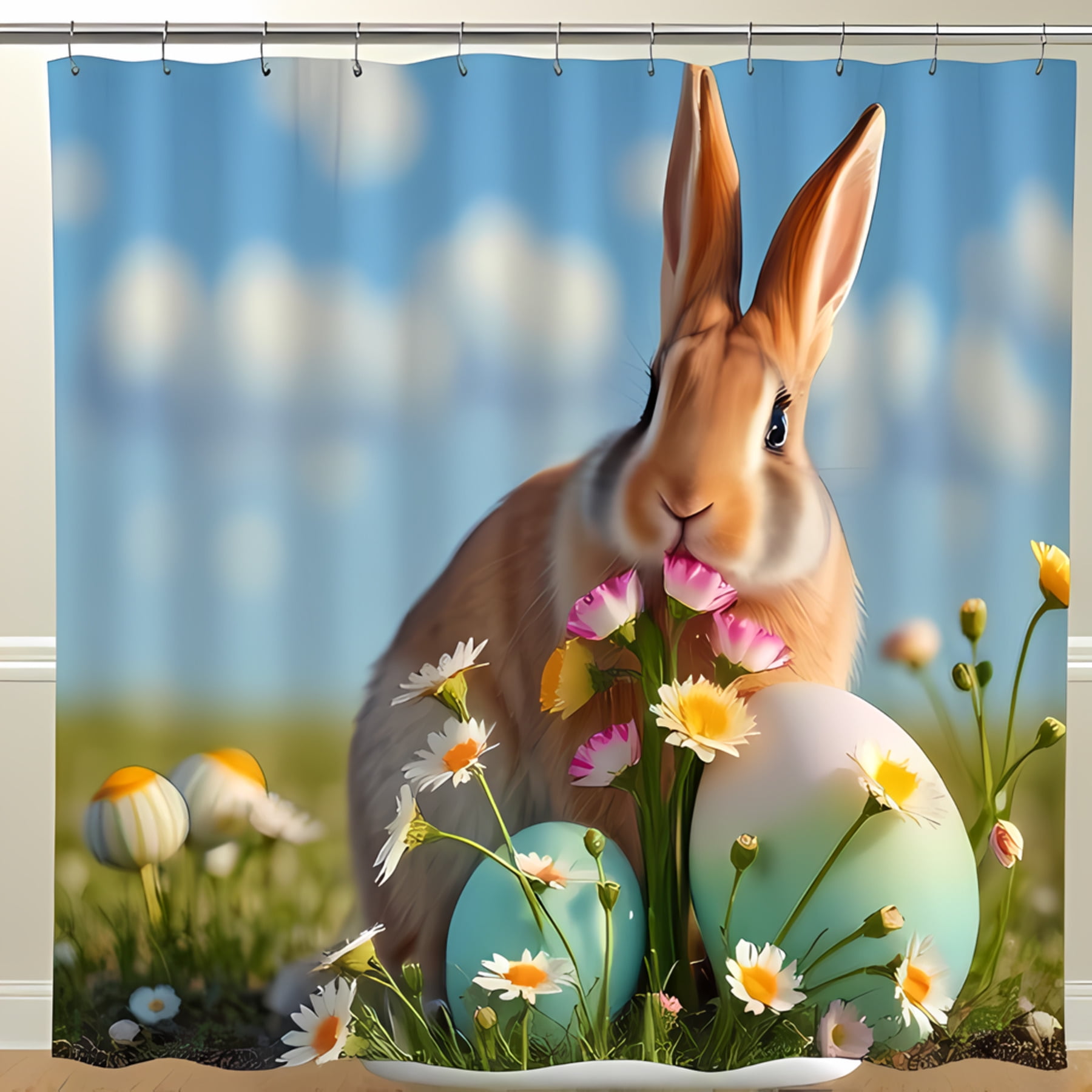 Charming Easter Shower Curtain Fluffy Brown with Spring Flowers