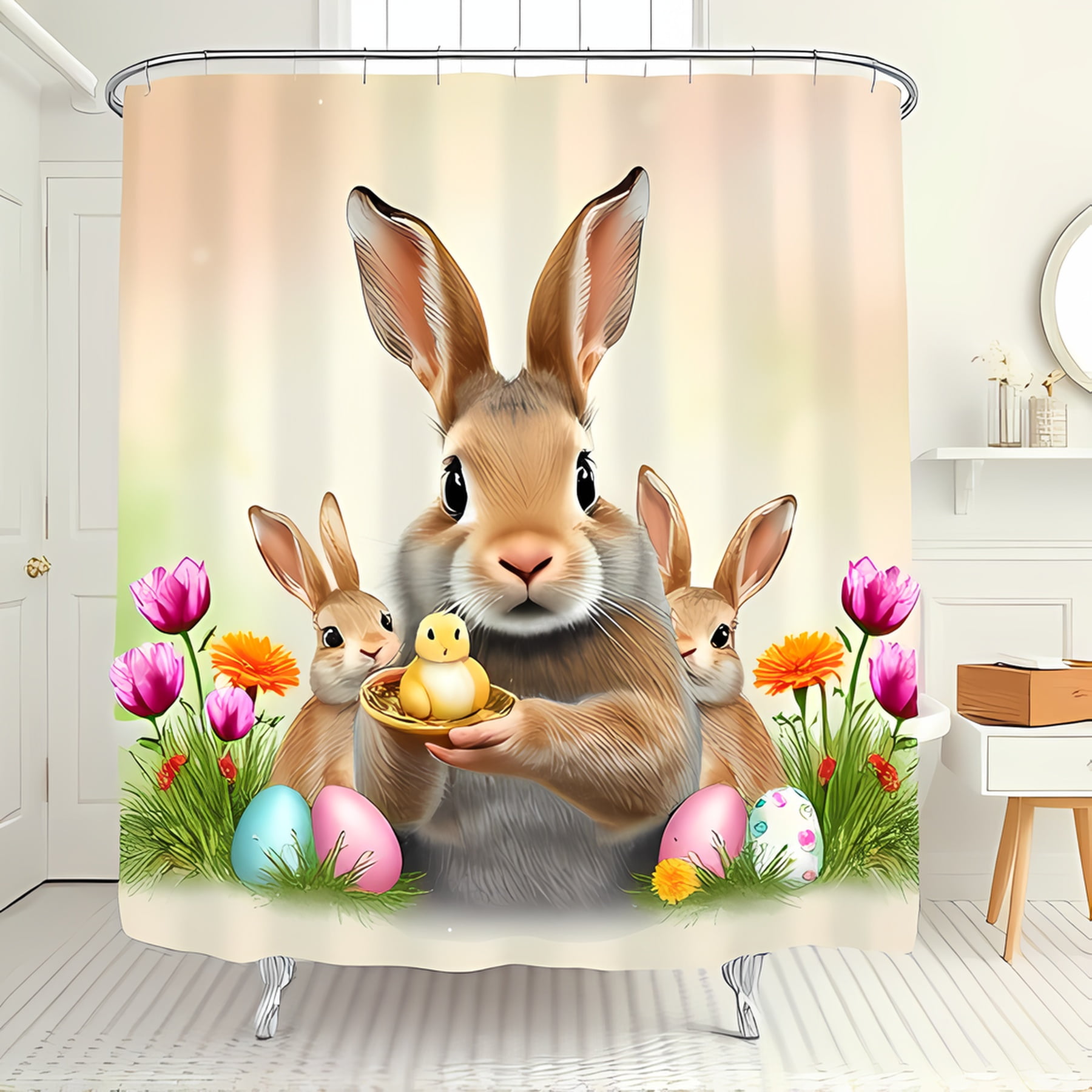 Charming Easter Shower Curtain with Chick & Spring Flowers Whimsical