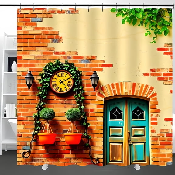Charming European-Style Shower Curtain with Vibrant Brick Wall Lanterns & Ivy - Timeless Decor