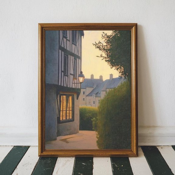 Charming European Village Street Warm Evening Glow Cozy Lantern