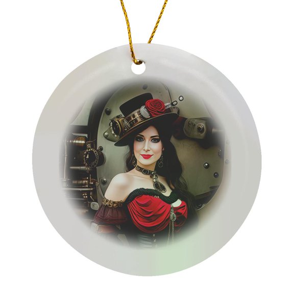 3drose, Charming Fantastic Brunette in Fancy Hat and Chic Dress. Funny Gift, Circle Porcelain Ornament