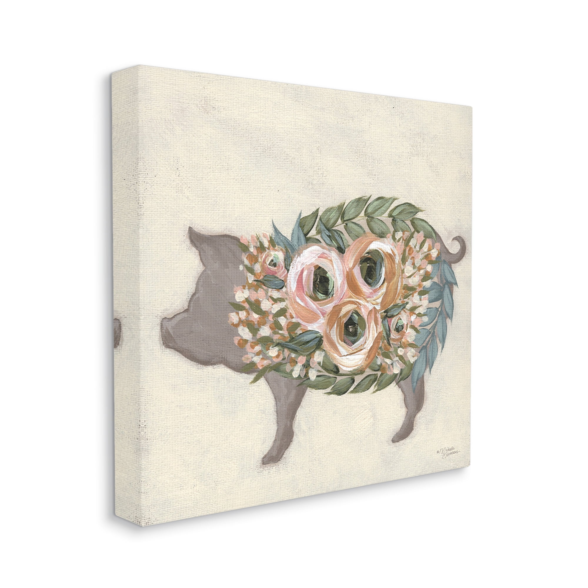 Charming Farm Pig Green Pink Floral Body Animals & Insects Gallery-Wrapped Canvas Print Wall Art, 17x17