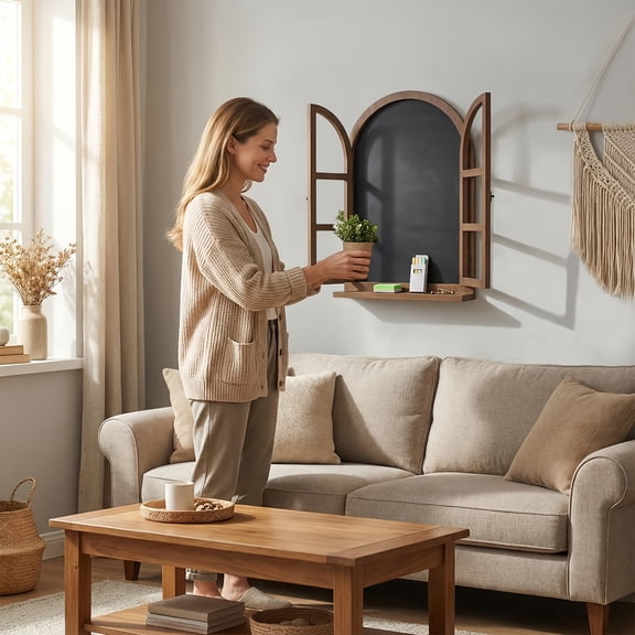 Charming Faux Window Wall Shelf with Chalkboard Back - Versatile Mounted Display for Home Decor, Ideal for Christmas & Valentine's Day, Functional & Decorative Wooden Organizer