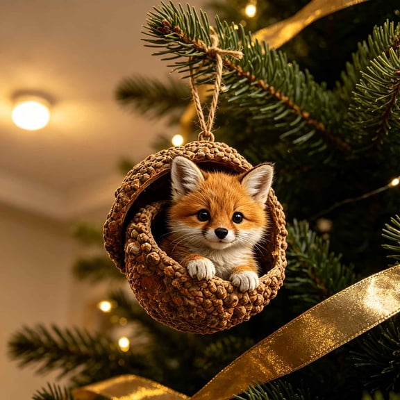 Charming Flat Acrylic Christmas Ornament, Fox Curled in a Nut Shell Basket With Gold Cord, 2D Printed Keepsake for Christmas Tree and Bookshelf - Fox