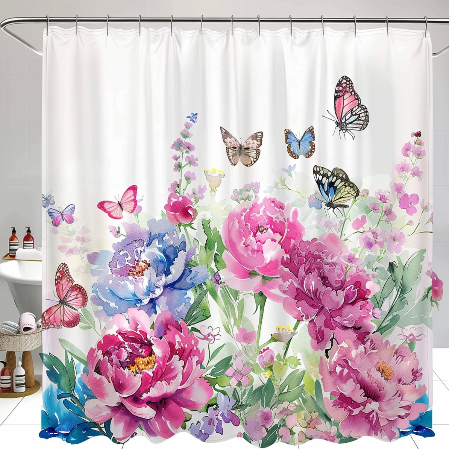 Charming Floral Butterfly Bathroom Set Watercolor Style Shower Curtain & Matching Floor Mats