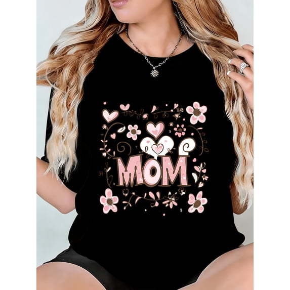 Charming Floral MOM Graphic T-Shirt for Women, Sweet Pink Hearts ...