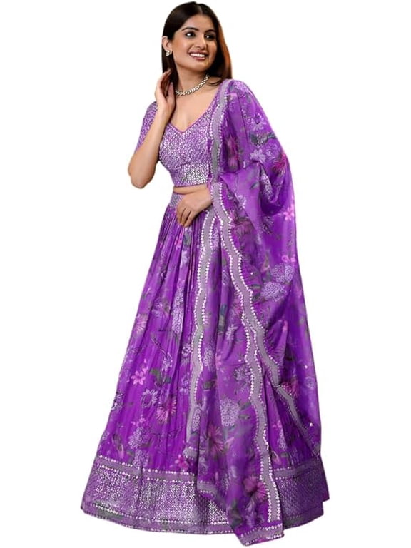Charming Floral Printed Work Traditional Wear Stitched Lehenga Choli With Stylish Blouse ( Purple, XXL - 46 )