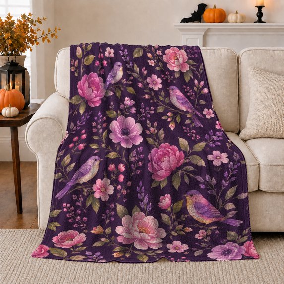 Charming Floral Songbird Garden Watercolor, Festive Holiday Scene, Warm Flannel Blanket for Living Room and Reading Nook, Art Lovers Friendship Gift, Festive Home Decor