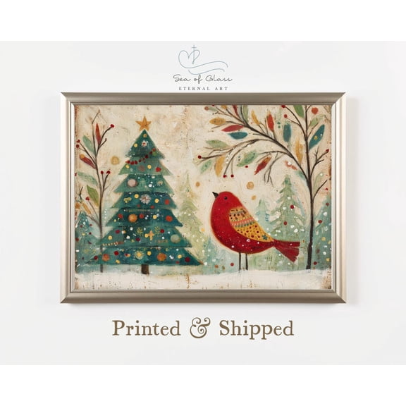 Charming Folk Art, Bird Print Poster,Season Decor, Rustic Wall Art Poster,Wall Decor, , Winter Style, Cozy Home, Unframed Poster Size 8x12 F03.1.18l1318