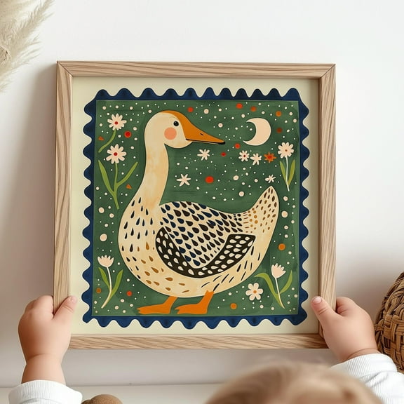 Charming Folk Art Duck Print - Whimsical Nursery Decor, Vintage Style Illustration, Quaint Garden Art, Grandmillennial Art Wall Art, Modern Wall Decor, 8x12 UNFRAMED
