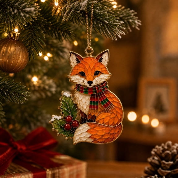 Charming Fox Acrylic Christmas Ornament, 3.15 In Flat Woodland Animal With Plaid Scarf, Keepsake For Christmas Tree, Wreath, Entryway - Fox