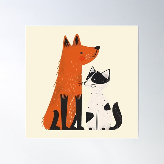 Charming Fox And Cat Duo Illustration Poster Wall Art, Modern Wall Decor For Living Room Bedroom, 17x17 UNFRAMED