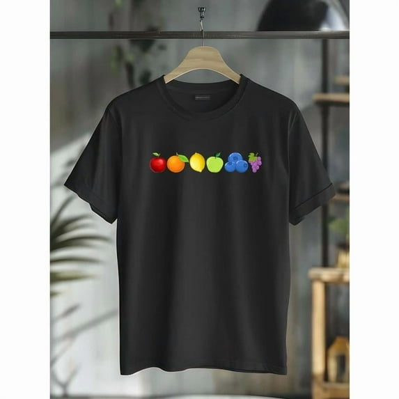 Charming Fruit Emoji Assortment Graphic Tees Sweet Food - Focused Print T - shirts With Vibrant Apple, Orange, Lemon, Green Apple, Blueberries, Grapes Comfy Short Sleeve Casual Daily Shirts