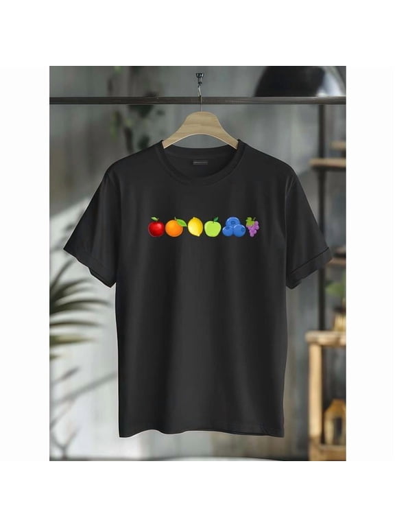 Charming Fruit Emoji Assortment Graphic Tees Sweet Food - Focused Print T - shirts With Vibrant Apple, Orange, Lemon, Green Apple, Blueberries, Grapes Comfy Short Sleeve Casual Daily Shirts